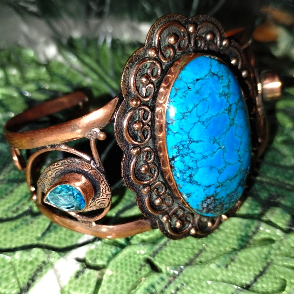 Turquoise + Blue Topaz Copper Bracelet - Picture 2 of 6